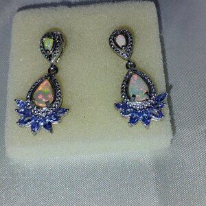 Ethiopian opal and tanzanite dangling earrings in sterling silver
